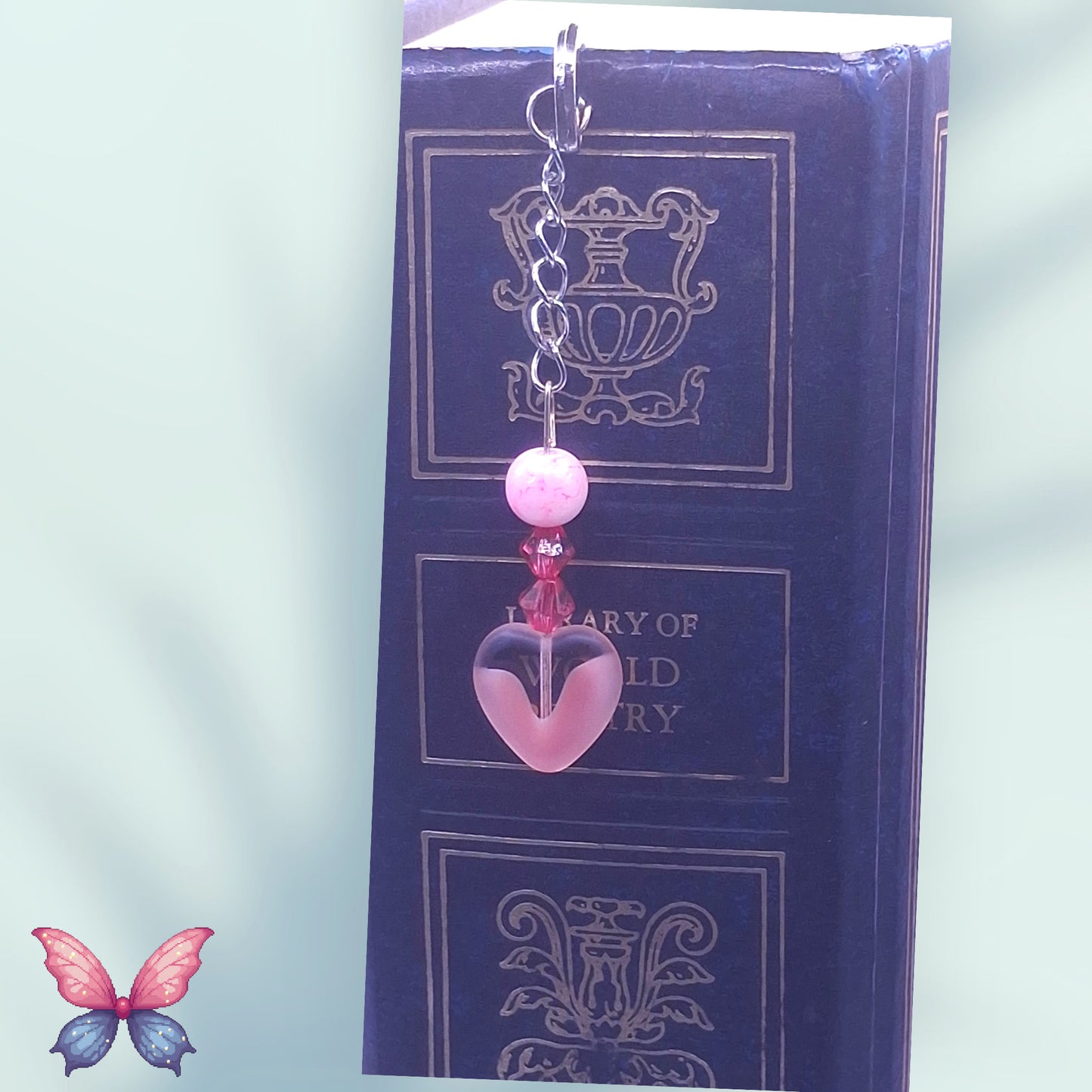 Silver-tone Bookmark with Pink Marbled Bead, Crystals and Heart Translucent Charm, with Earrings
