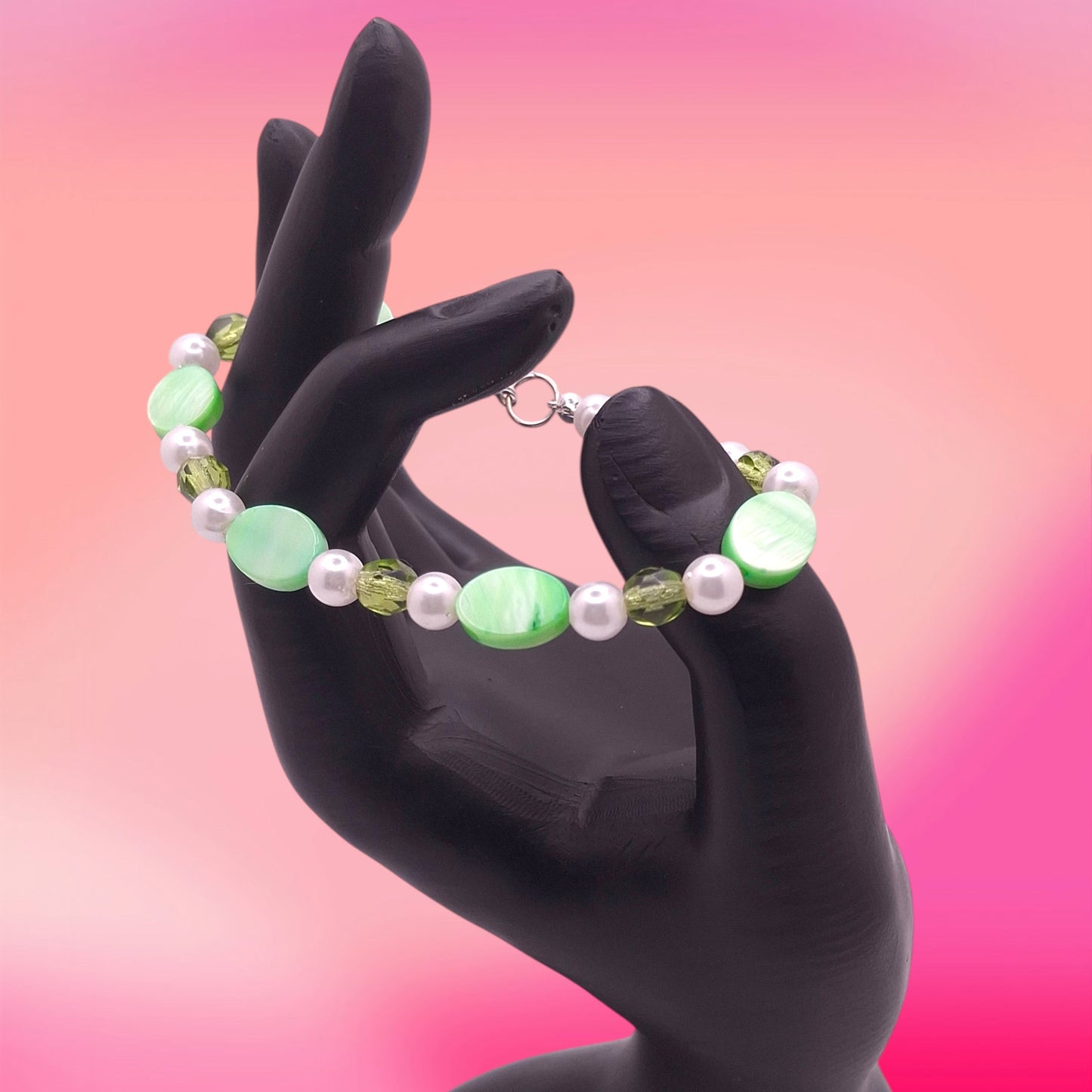 Silver-tone Zigzag Bookmark with Green Marble Beads, Faux Pearls and Green Crystals, with Earrings & Bracelet