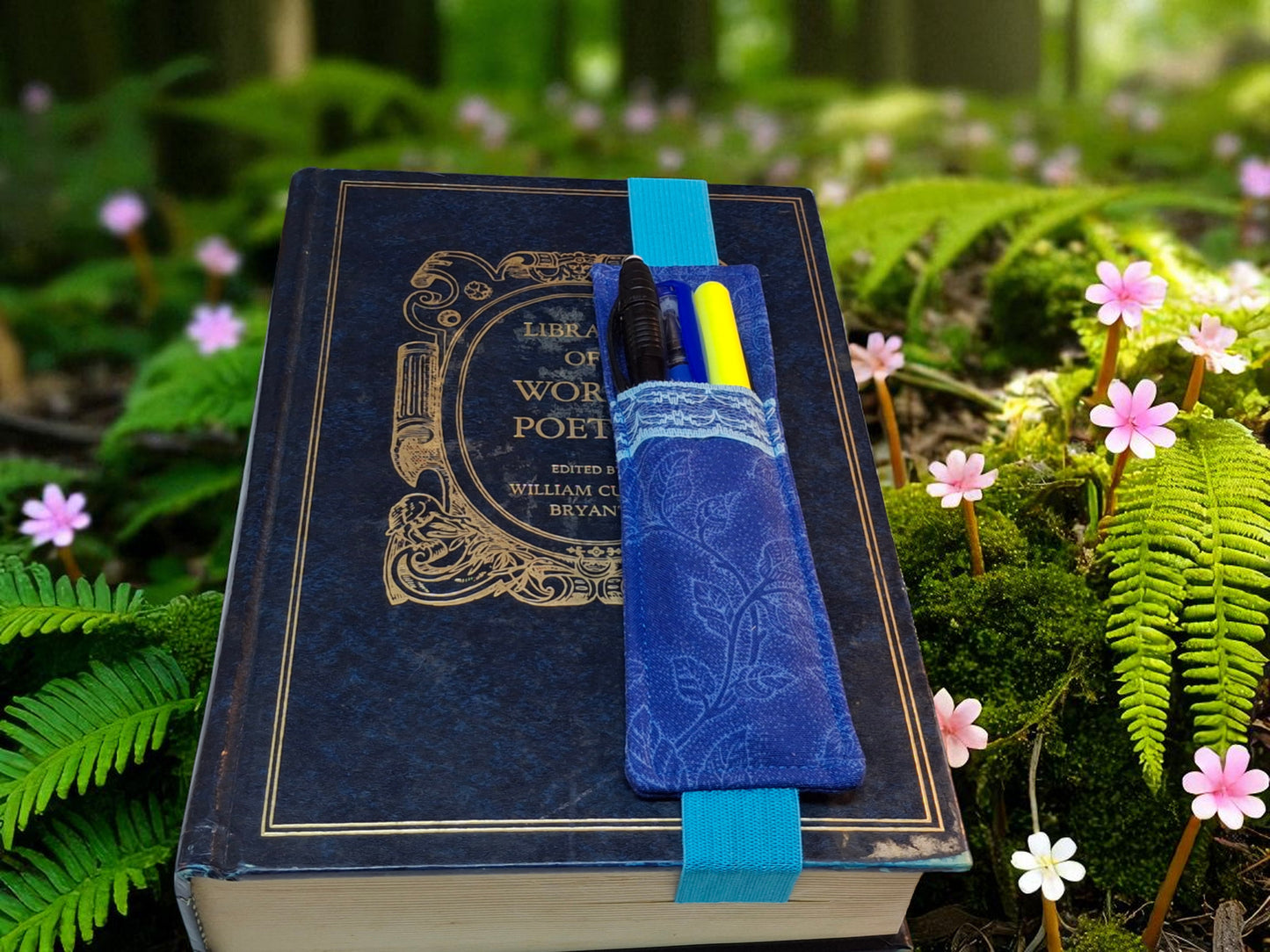 Penholder/Bookmark - Blue Floral - Light Blue Elastic