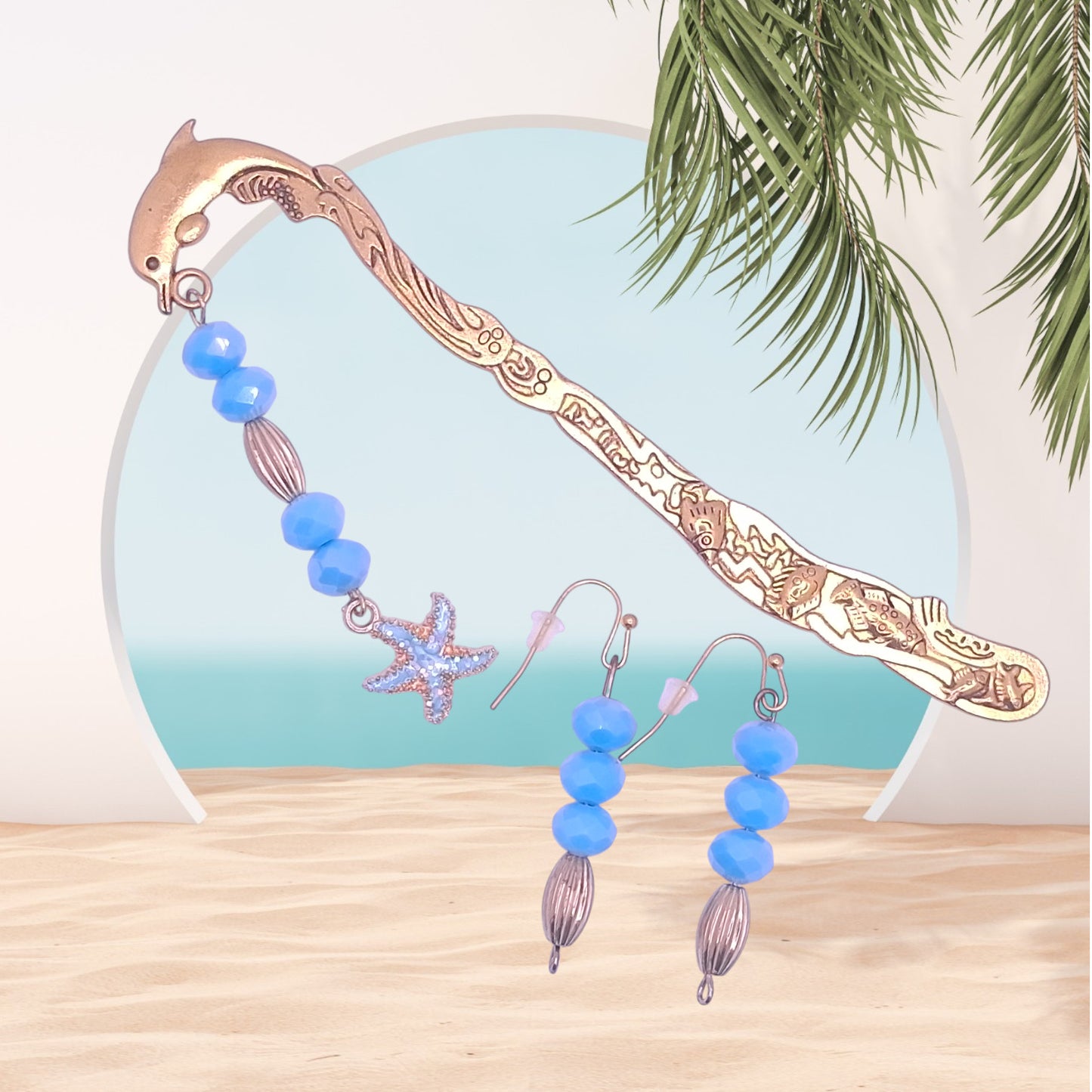 Gold-tone Dolphin Head Bookmark with Opaque Blue Beads and Starfish Charm with Earrings