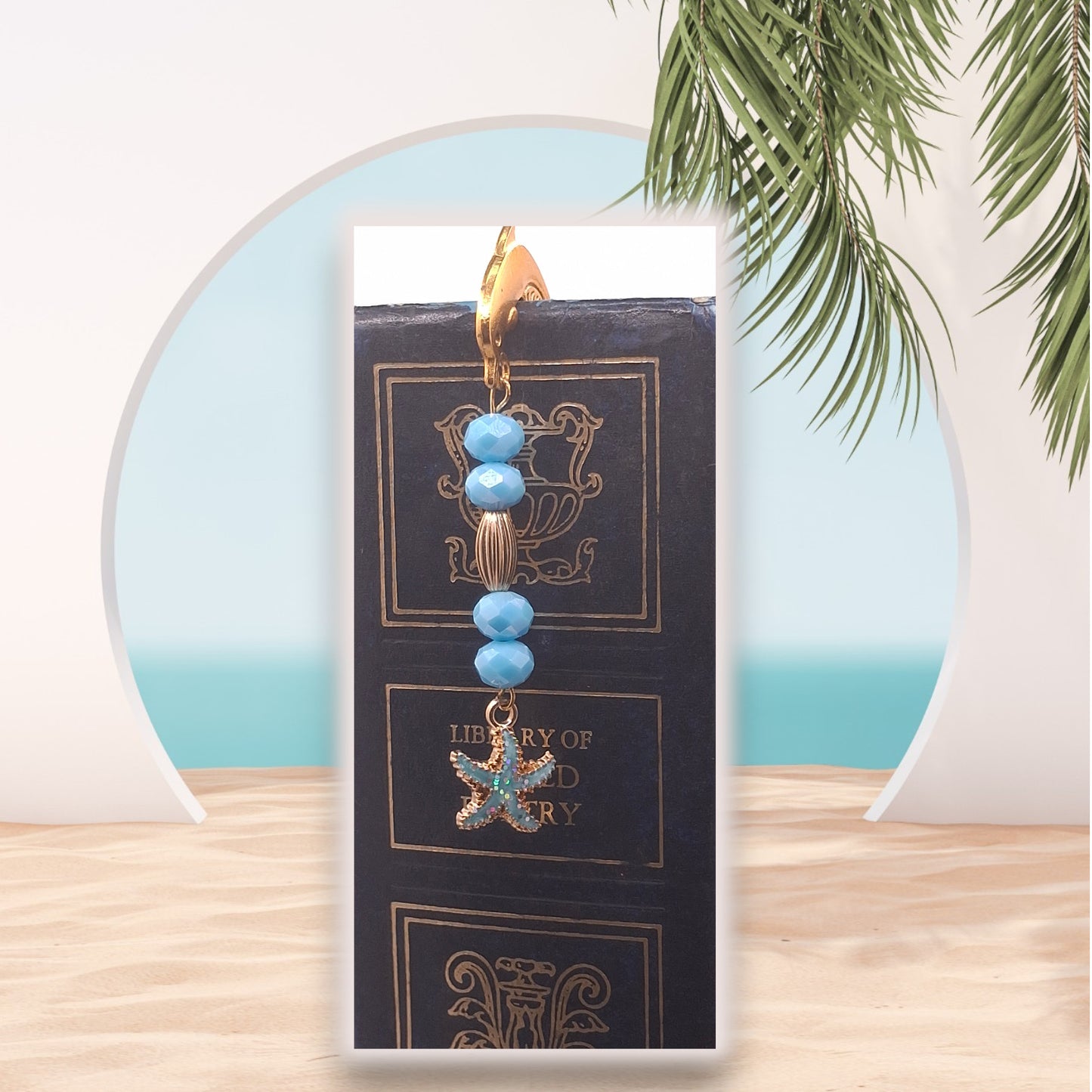 Gold-tone Dolphin Head Bookmark with Opaque Blue Beads and Starfish Charm with Earrings