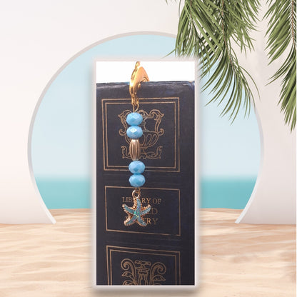 Gold-tone Dolphin Head Bookmark with Opaque Blue Beads and Starfish Charm with Earrings