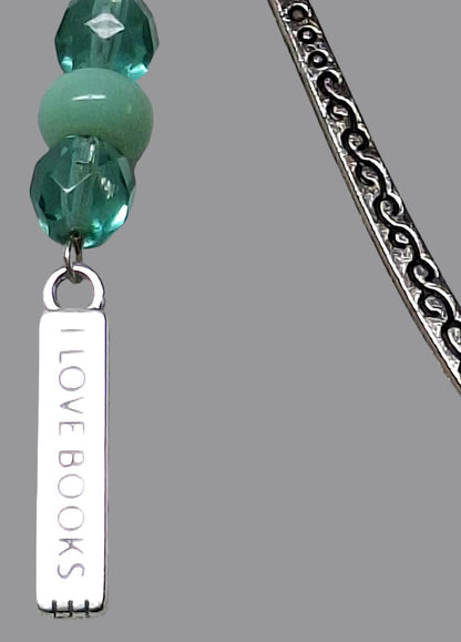 Silver-tone Bookmark with Seafoam Beads and Aquamarine Crystals, with Earrings and Bracelet