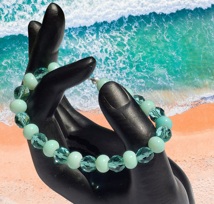 Silver-tone Bookmark with Seafoam Beads and Aquamarine Crystals, with Earrings and Bracelet