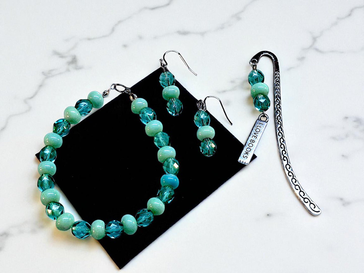 Silver-tone Bookmark with Seafoam Beads and Aquamarine Crystals, with Earrings and Bracelet