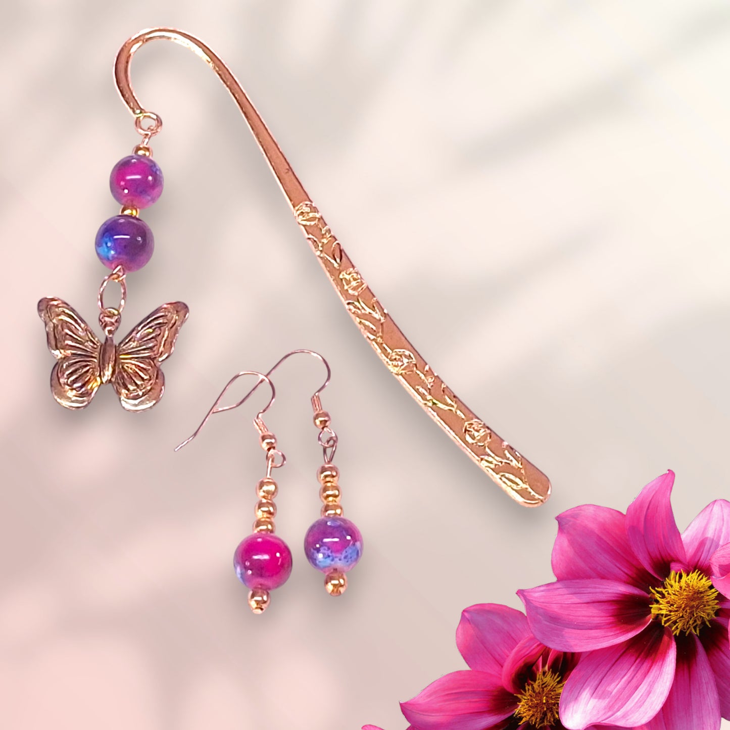 Gold-tone Floral Bookmark with Watercolor Pink and Blue Beads and Butterfly, with Earrings