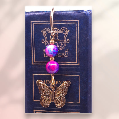 Gold-tone Floral Bookmark with Watercolor Pink and Blue Beads and Butterfly, with Earrings