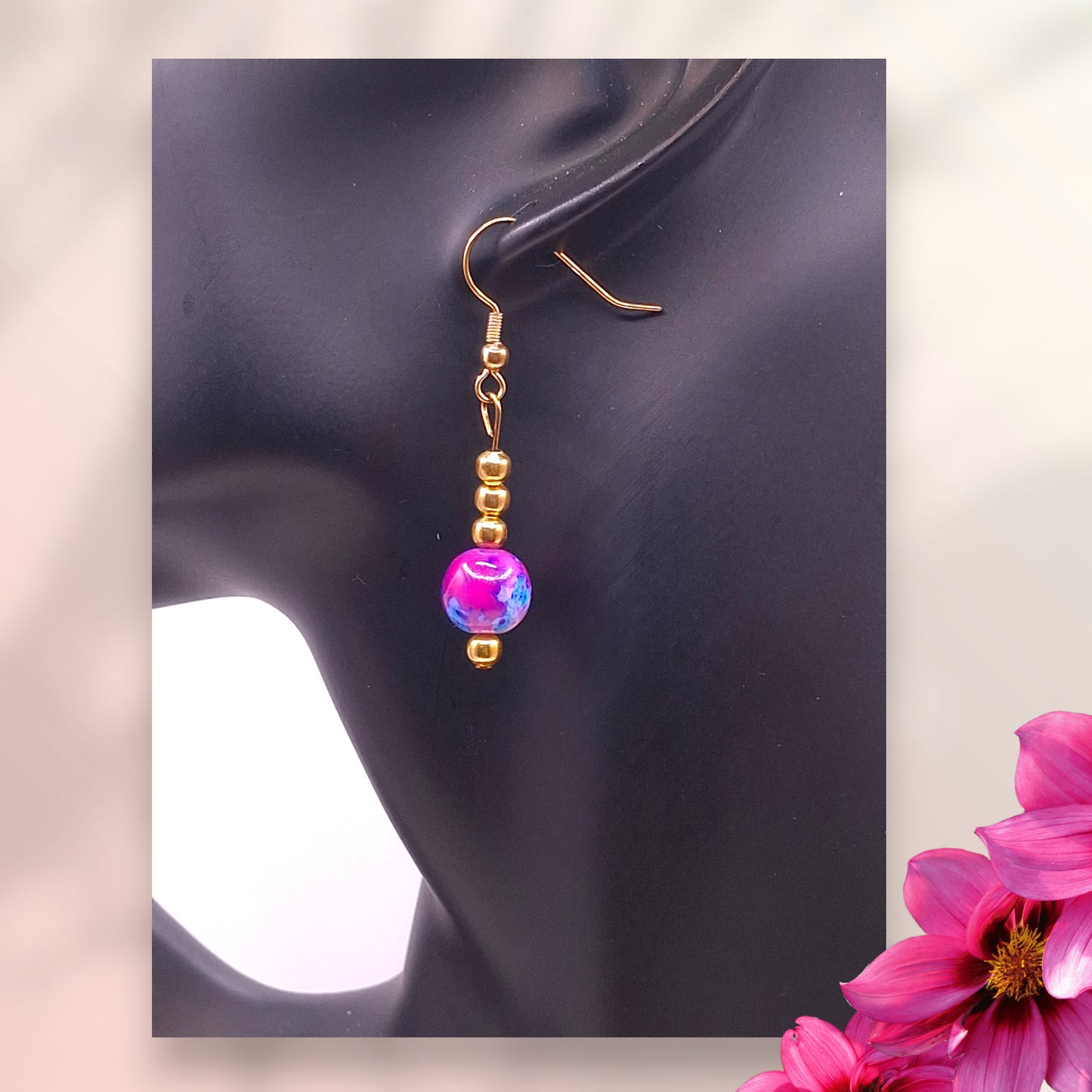 Gold-tone Floral Bookmark with Watercolor Pink and Blue Beads and Butterfly, with Earrings