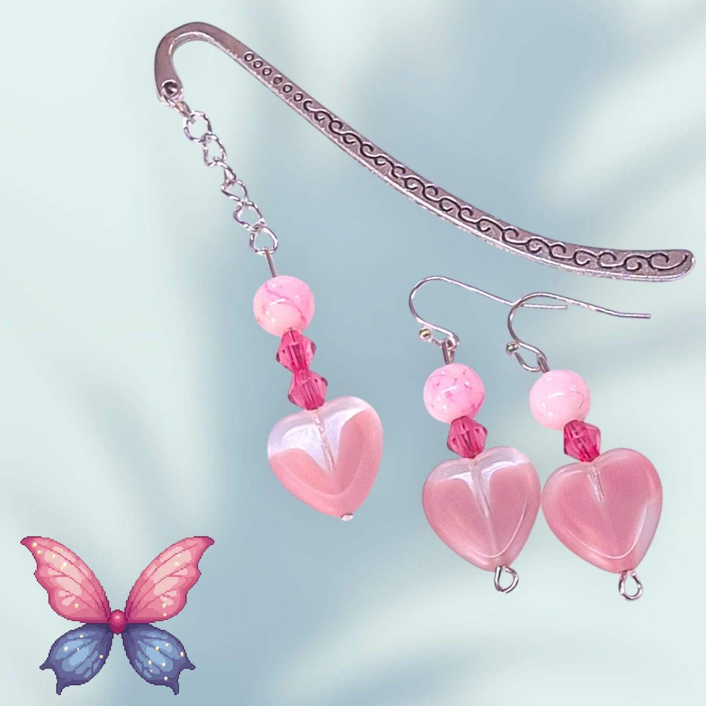 Silver-tone Bookmark with Pink Marbled Bead, Crystals and Heart Translucent Charm, with Earrings