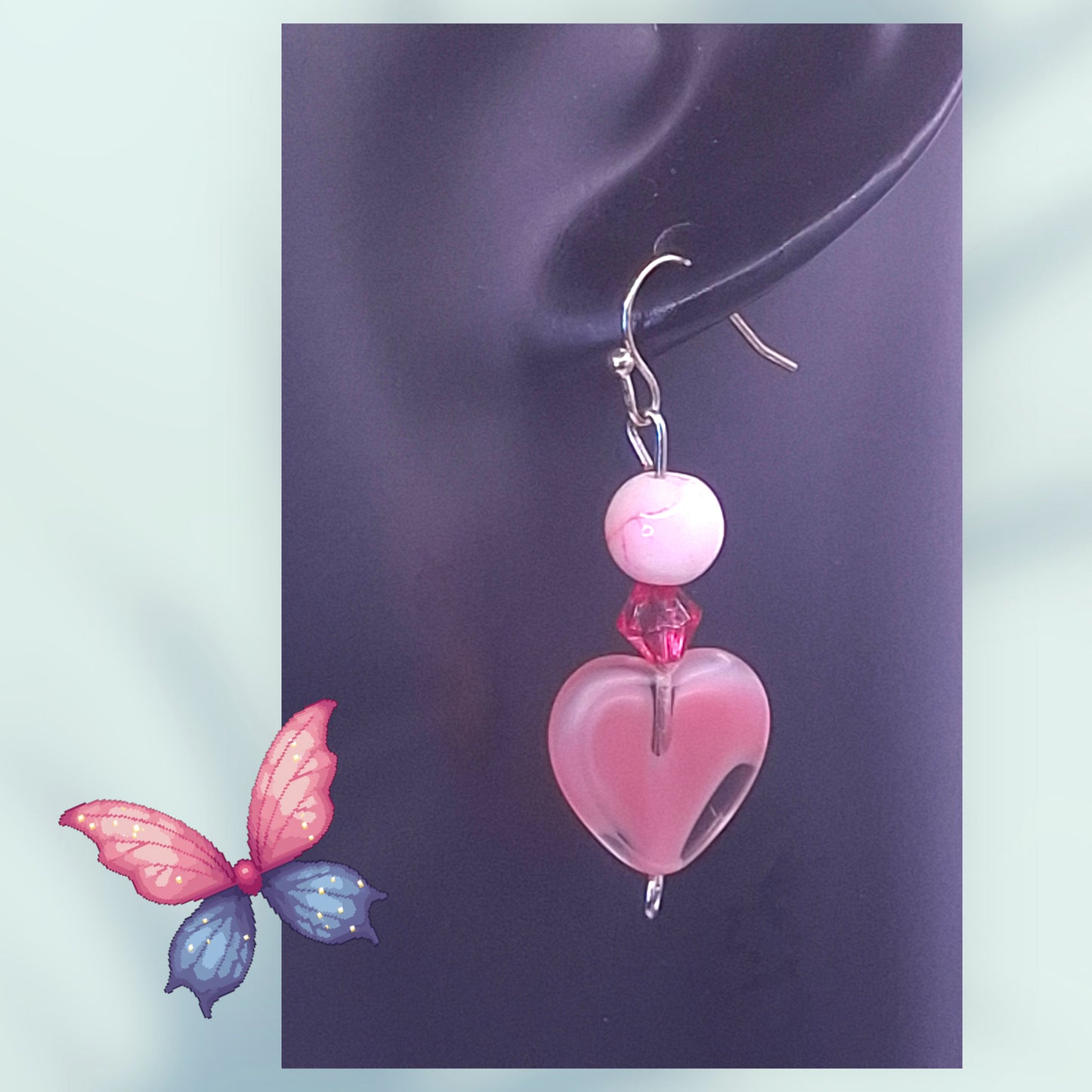 Silver-tone Bookmark with Pink Marbled Bead, Crystals and Heart Translucent Charm, with Earrings