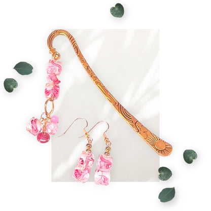 Gold-tone Sun-Rainbow-Stars Bookmark with Pink Swirl Acrylic Cubes, and Earrings