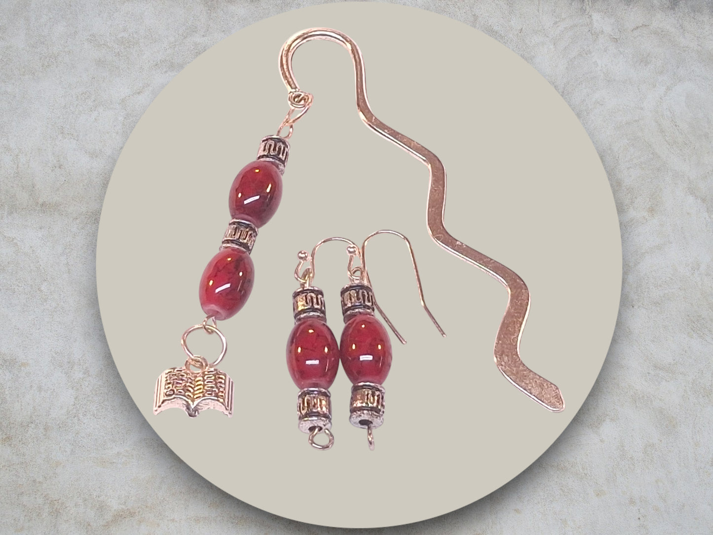 Silver-tone Zigzag Bookmark with Deep Red Marbled Beads, Spacers, and Book Charm with Earrings