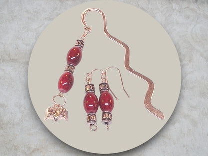 Silver-tone Zigzag Bookmark with Deep Red Marbled Beads, Spacers, and Book Charm with Earrings