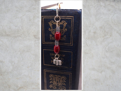 Silver-tone Zigzag Bookmark with Deep Red Marbled Beads, Spacers, and Book Charm with Earrings