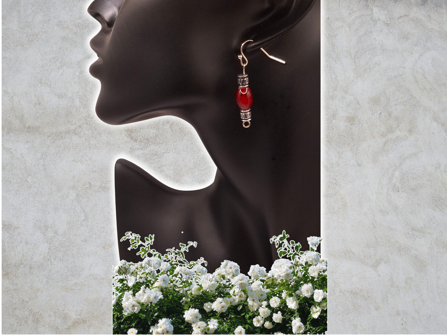 Silver-tone Zigzag Bookmark with Deep Red Marbled Beads, Spacers, and Book Charm with Earrings