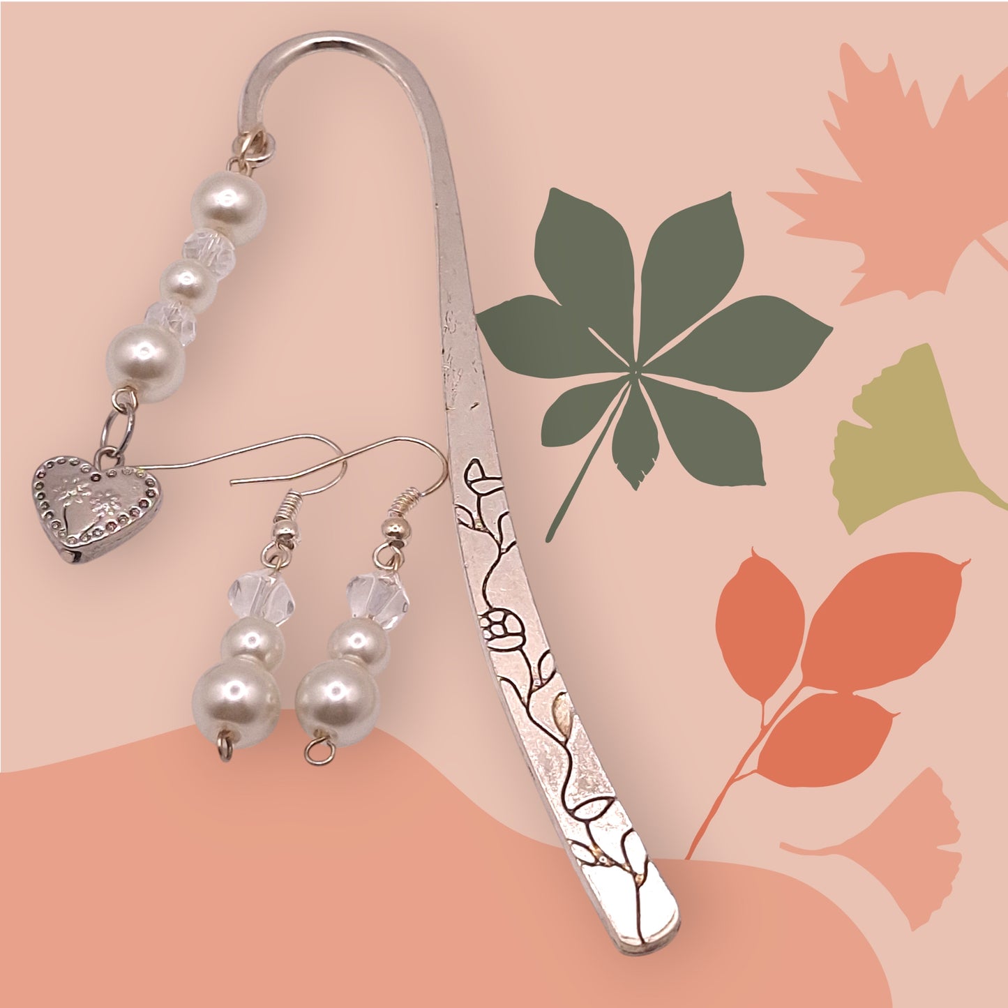 Silver-tone Distressed Floral Bookmark with Faux Pearl and Crystal Beads with Silver Heart Charm, and Earrings