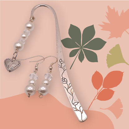 Silver-tone Distressed Floral Bookmark with Faux Pearl and Crystal Beads with Silver Heart Charm, and Earrings