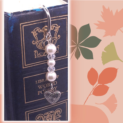 Silver-tone Distressed Floral Bookmark with Faux Pearl and Crystal Beads with Silver Heart Charm, and Earrings