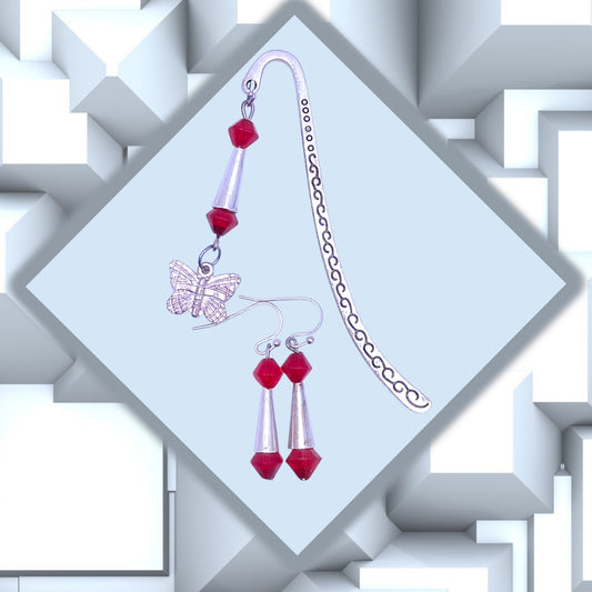 Silver-tone Bookmark with Red Bicones, Bugle Bead and Butterfly, with Earrings