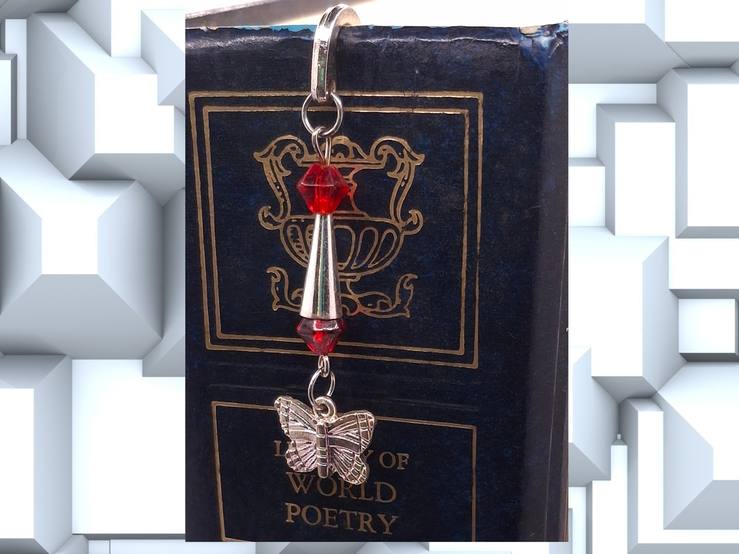 Silver-tone Bookmark with Red Bicones, Bugle Bead and Butterfly, with Earrings
