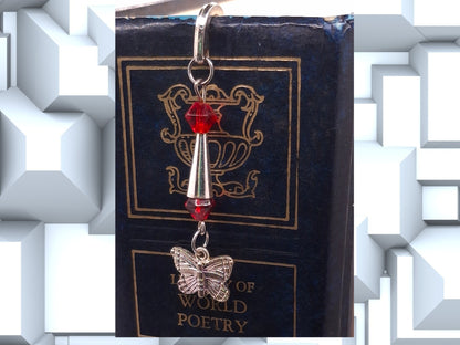 Silver-tone Bookmark with Red Bicones, Bugle Bead and Butterfly, with Earrings