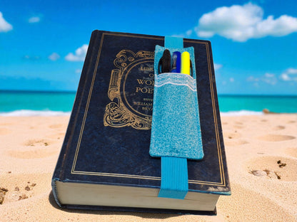 Penholder/Bookmark - Aquamarine Speckle - Light Blue Elastic