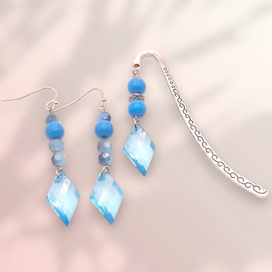 Silver-tone Bookmark with Aqua Marbled Bead and Aqua Crystal, and Earrings