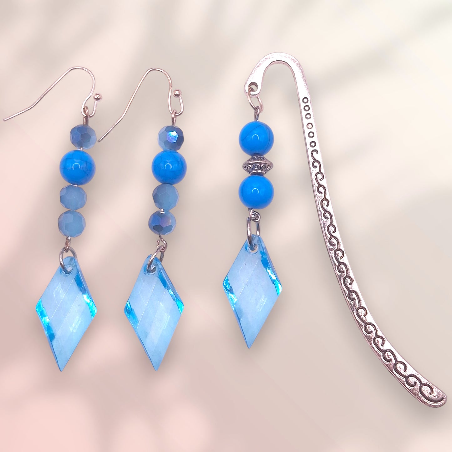 Silver-tone Bookmark with Aqua Marbled Bead and Aqua Crystal, and Earrings