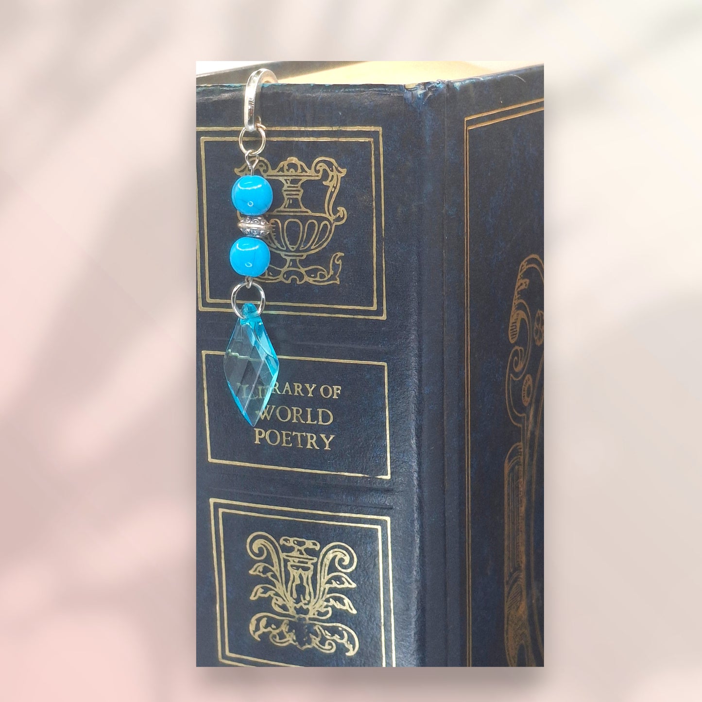 Silver-tone Bookmark with Aqua Marbled Bead and Aqua Crystal, and Earrings