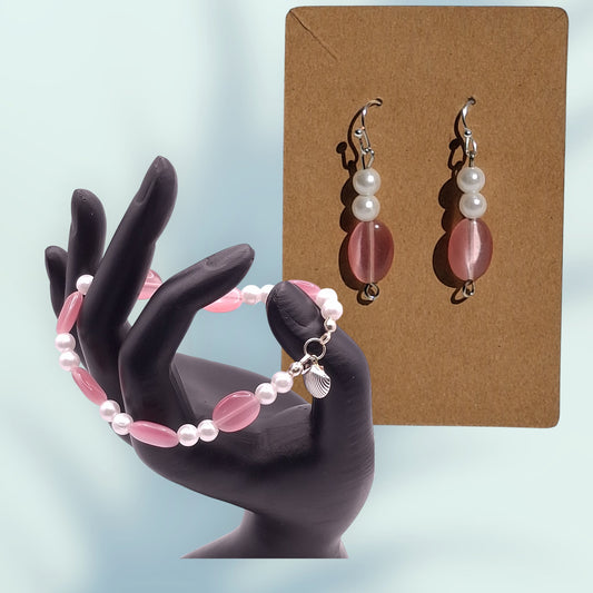 Translucent Pink Bead and Faux Pearl Earrings and Bracelet