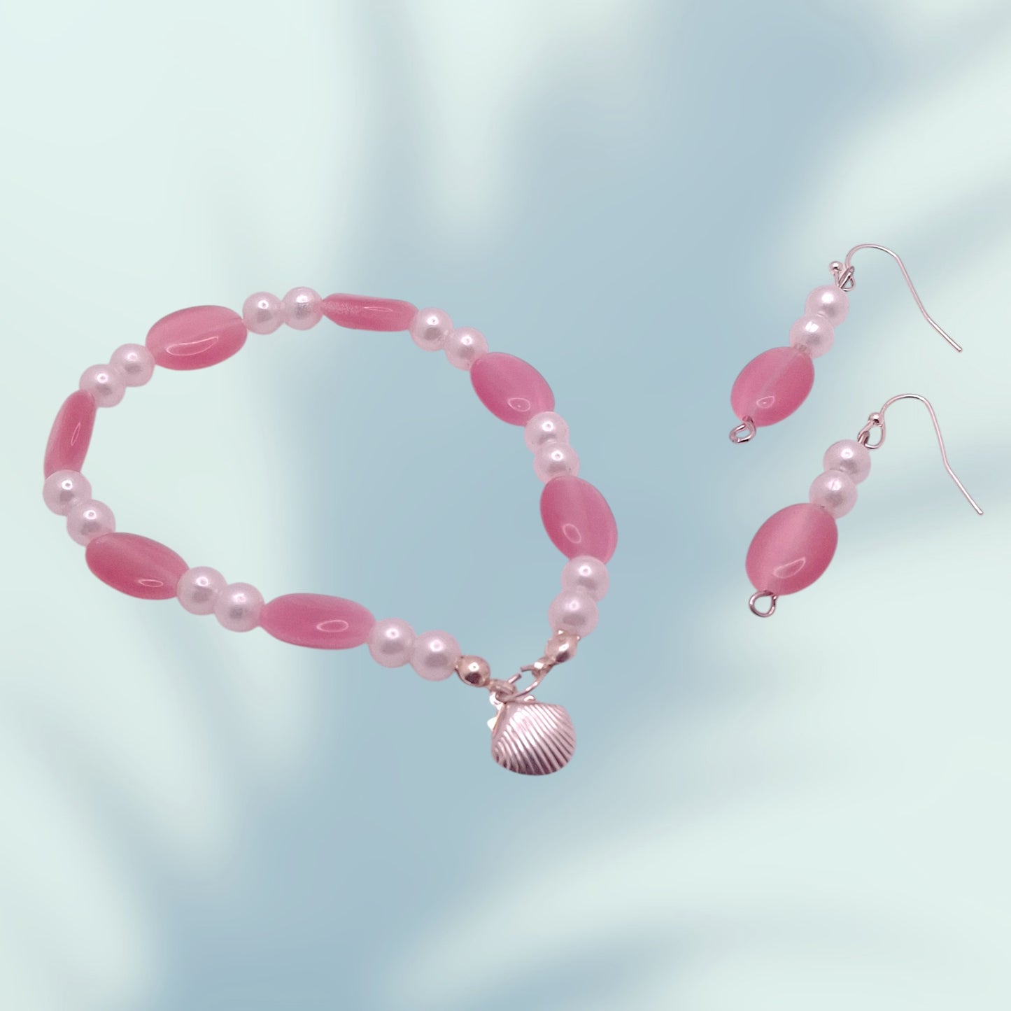 Translucent Pink Bead and Faux Pearl Earrings and Bracelet