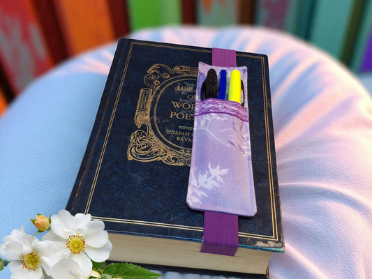 Penholder/Bookmark - Purple and White Leaves - Purple Elastic
