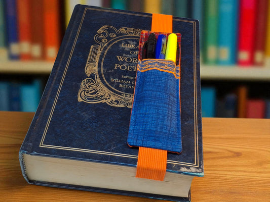 Penholder/Bookmark - Blue and Multi-reds Cross Hatch - Orange Elastic