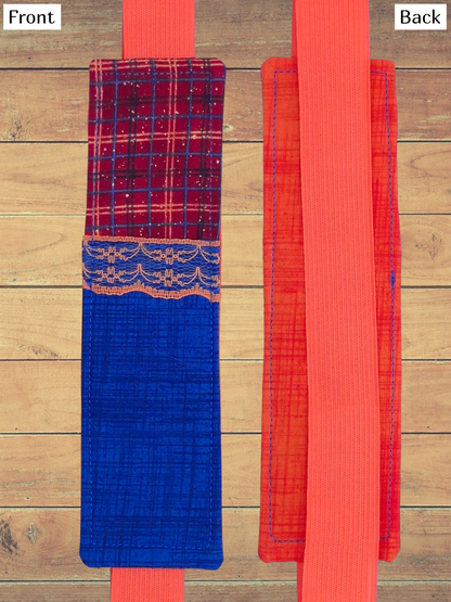 Penholder/Bookmark - Blue and Multi-reds Cross Hatch - Orange Elastic