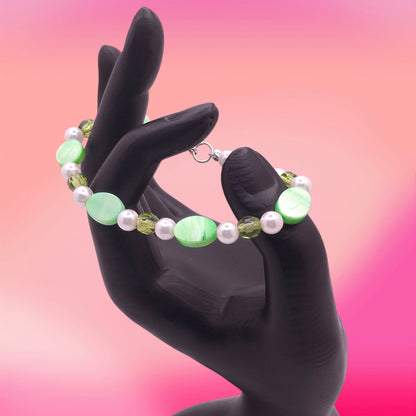 Silver-tone Zigzag Bookmark with Green Marble Beads, Faux Pearls and Green Crystals, with Earrings & Bracelet