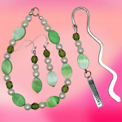 Silver-tone Zigzag Bookmark with Green Marble Beads, Faux Pearls and Green Crystals, with Earrings & Bracelet
