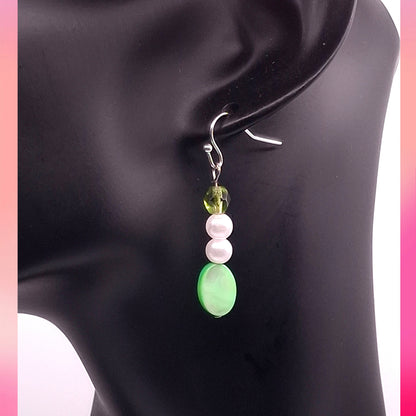 Silver-tone Zigzag Bookmark with Green Marble Beads, Faux Pearls and Green Crystals, with Earrings & Bracelet