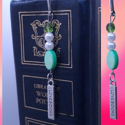 Silver-tone Zigzag Bookmark with Green Marble Beads, Faux Pearls and Green Crystals, with Earrings & Bracelet