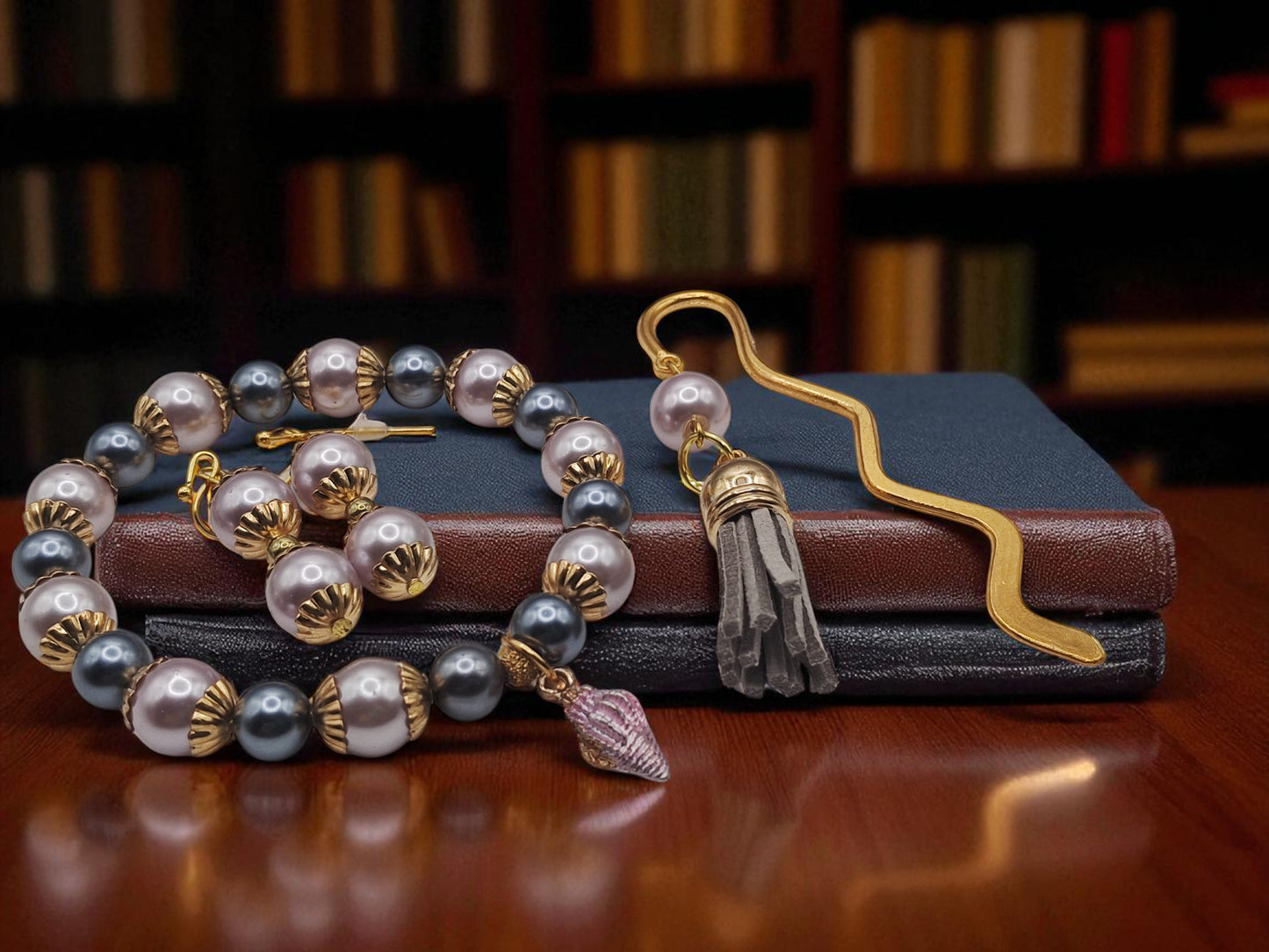 Gold-tone Zigzag Bookmark with Gray and Light Pink Faux Pearls, Earrings and Bracelets