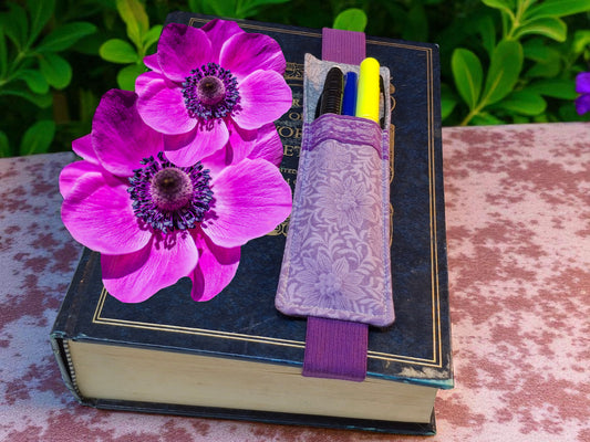 Penholder/Bookmark - Purple Floral Bursts and Gray Marble - Purple Elastic