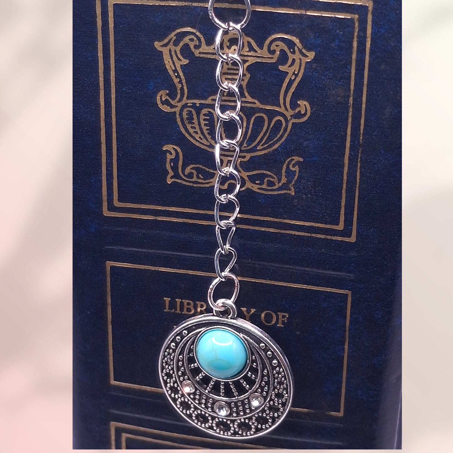 Silver-tone Bookmark with Faux Turquoise Pendant on a Chain with Earrings