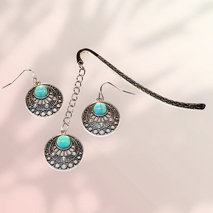Silver-tone Bookmark with Faux Turquoise Pendant on a Chain with Earrings