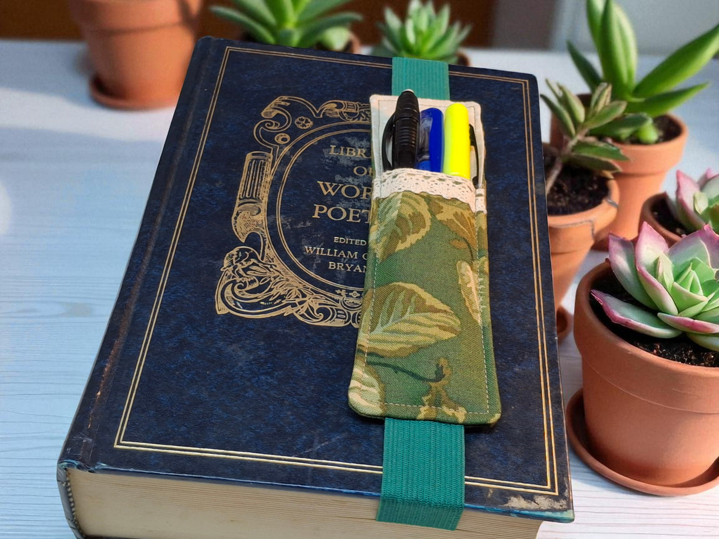 Penholder/Bookmark - Green Leaves - Green Elastic