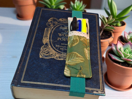 Penholder/Bookmark - Green Leaves - Green Elastic