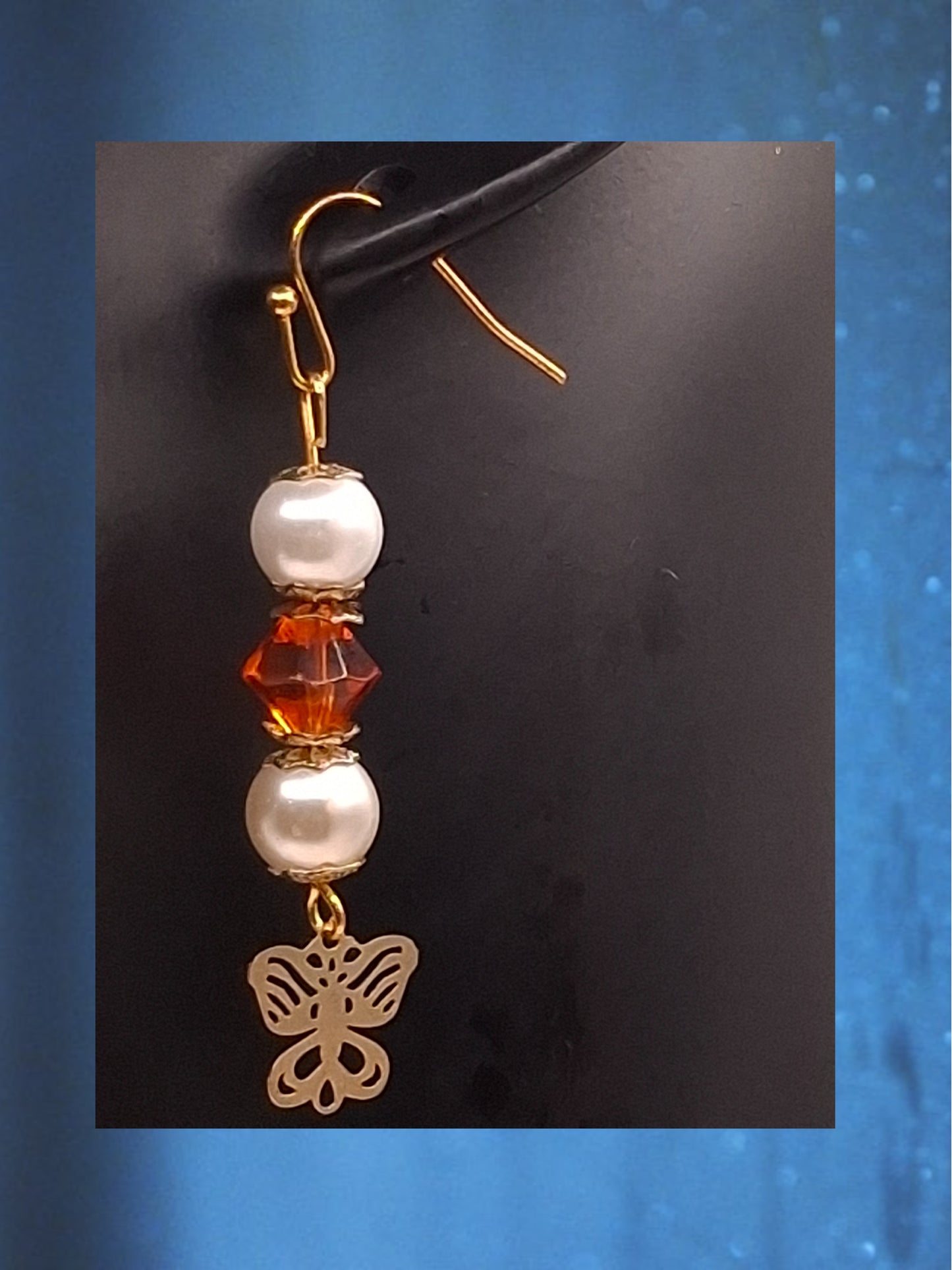 Ivory Faux Pearls and Fire-orange Bicone Earrings with Butterflies