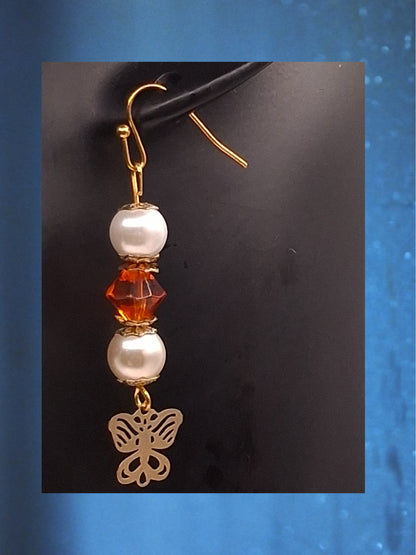 Ivory Faux Pearls and Fire-orange Bicone Earrings with Butterflies