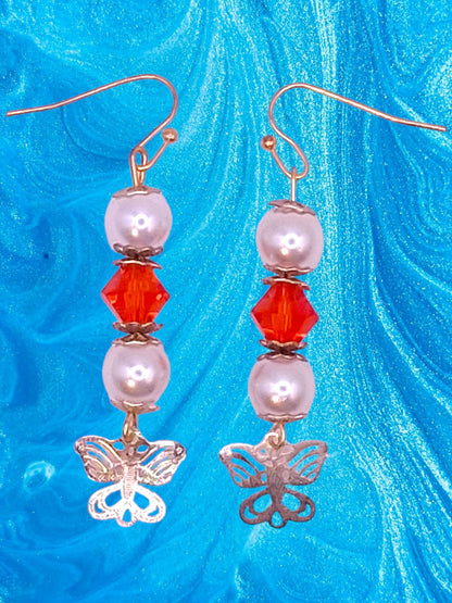 Ivory Faux Pearls and Fire-orange Bicone Earrings with Butterflies