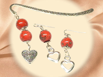Silver-tone Retro Bookmark with Red-orange Bead with Green Flecks and Heart Charm, with Earrings