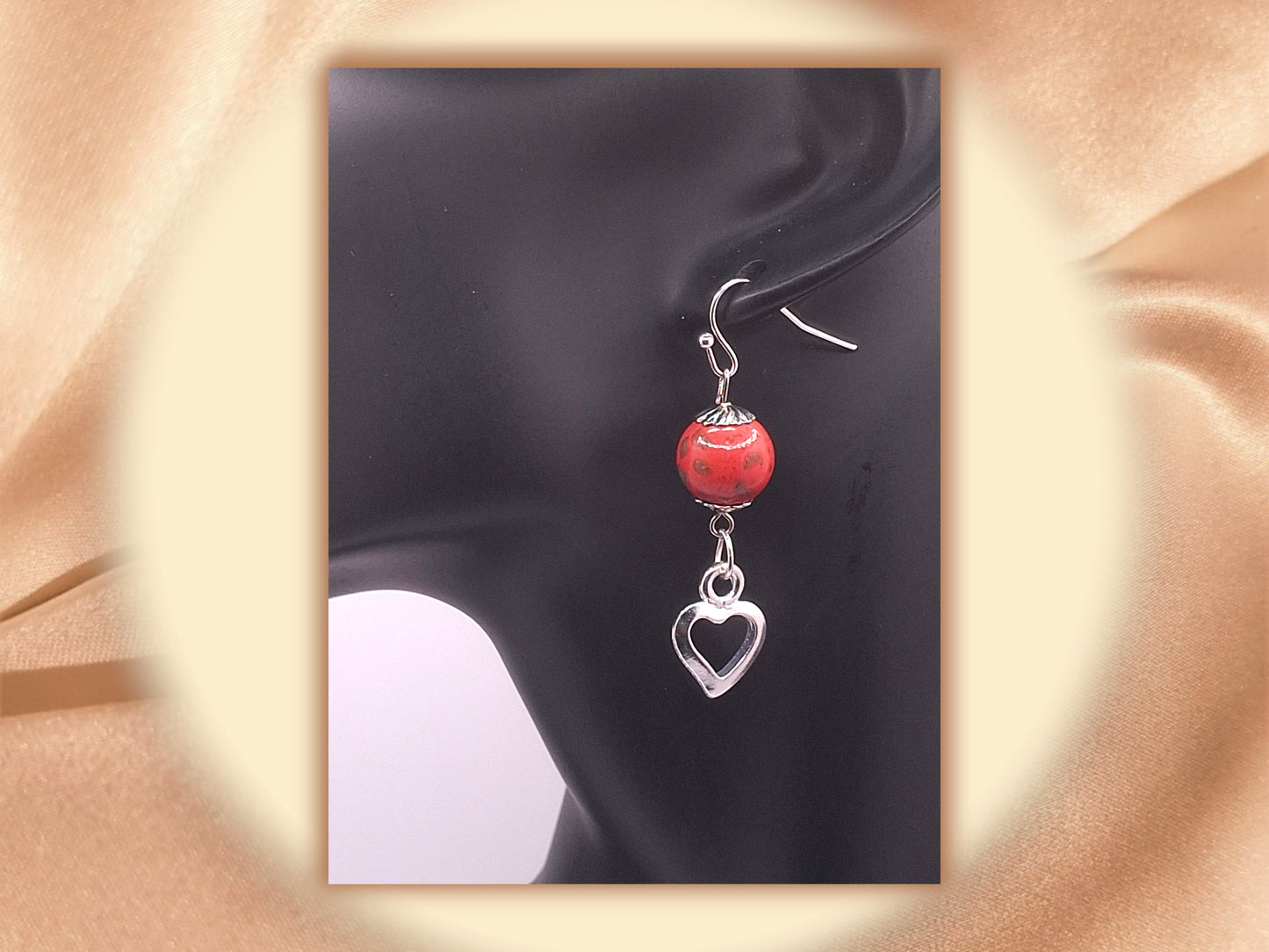 Silver-tone Retro Bookmark with Red-orange Bead with Green Flecks and Heart Charm, with Earrings