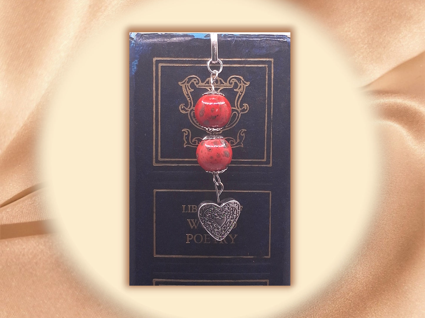 Silver-tone Retro Bookmark with Red-orange Bead with Green Flecks and Heart Charm, with Earrings